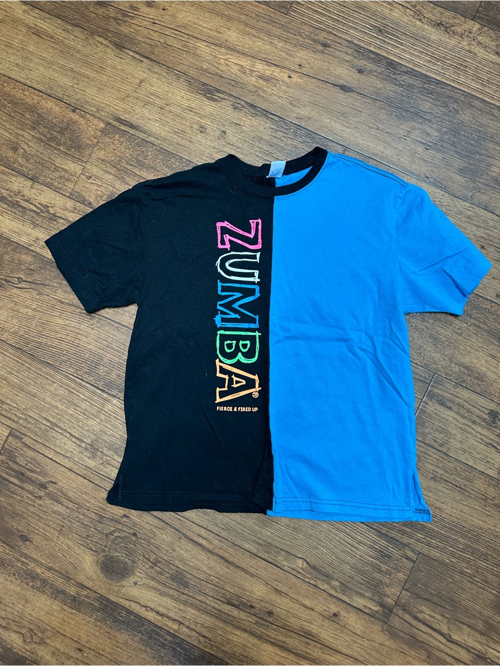 Zumba Fitness Black and Blue Half-and-Half Short Sleeve Tee